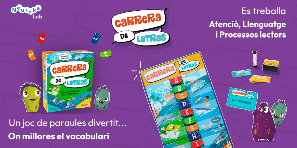 Carrera de letras: Un joc de paraules divertit on millores el vocabulari. Es treballa l’atenció, el llenguatge i els processos lectors.
