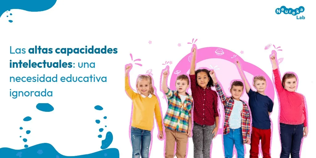 Seis niños con el brazo alzado; título sobre las altas capacidades intelectuales como necesidad educativa ignorada.