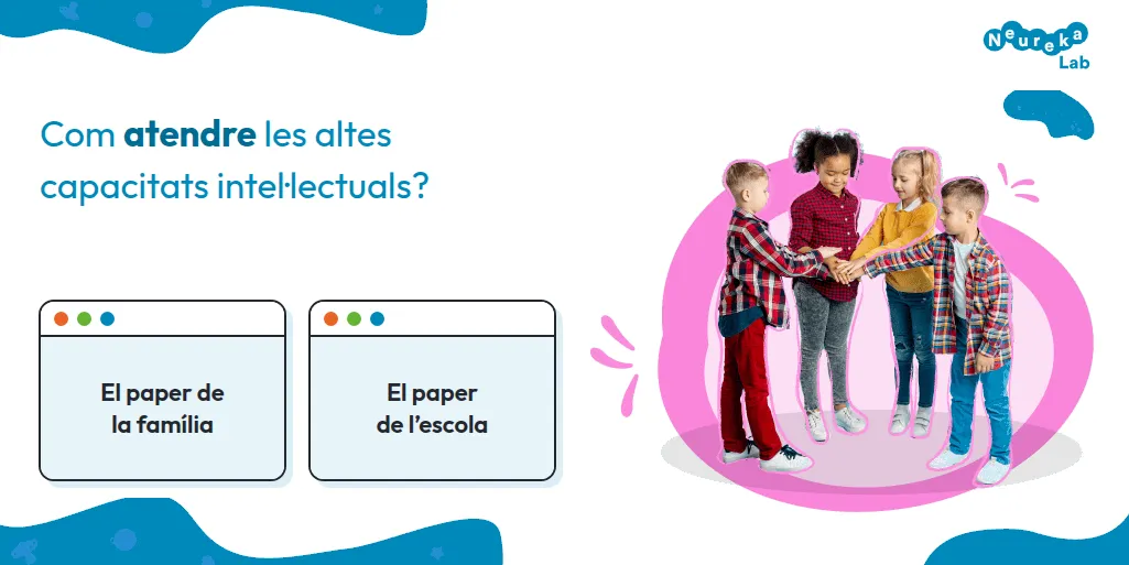 Quatre infants ajuntant les mans; com atendre les altes capacitats des de la família i l’escola.