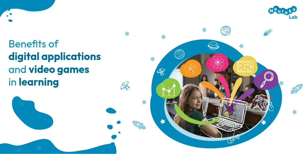Girl at a laptop surrounded by educational icons; title about the benefits of digital applications and video games in learning