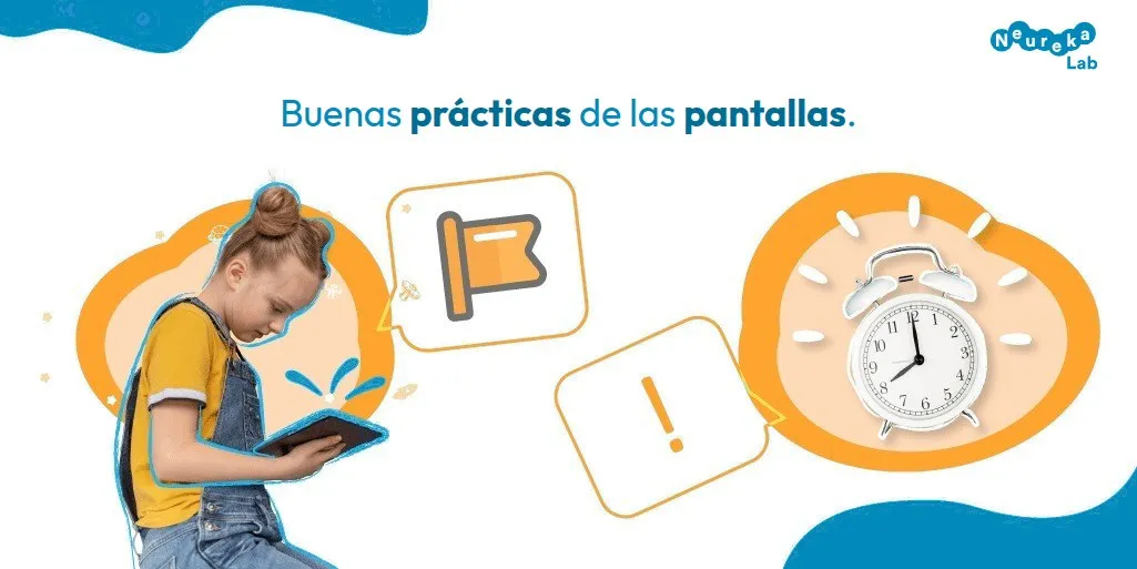 Niña mirando una tableta con un despertador y señales de aviso al lado; título sobre buenas prácticas de las pantallas