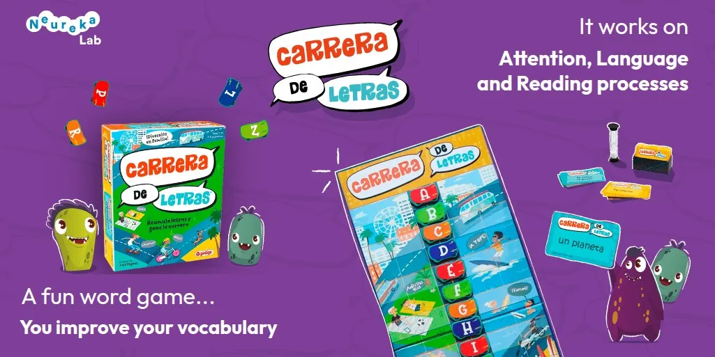 Box and board of the game Carrera de Letras; a fun word game that works on attention, language and reading processes