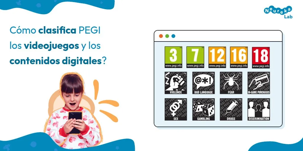 Etiquetas PEGI de edad (3, 7, 12, 16 y 18) y de contenido sensible, como violencia, lenguaje soez, miedo o apuestas