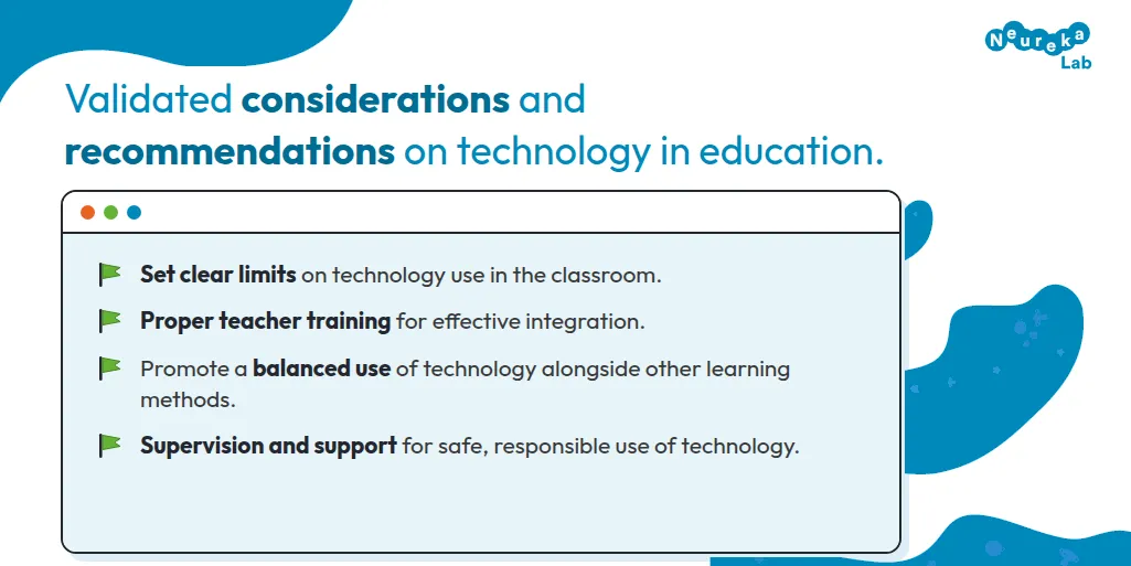 Validated recommendations: clear limits, teacher training, balanced use, and supervision and support