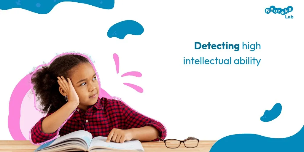 Pensive girl with an open book; heading about detecting high intellectual ability.