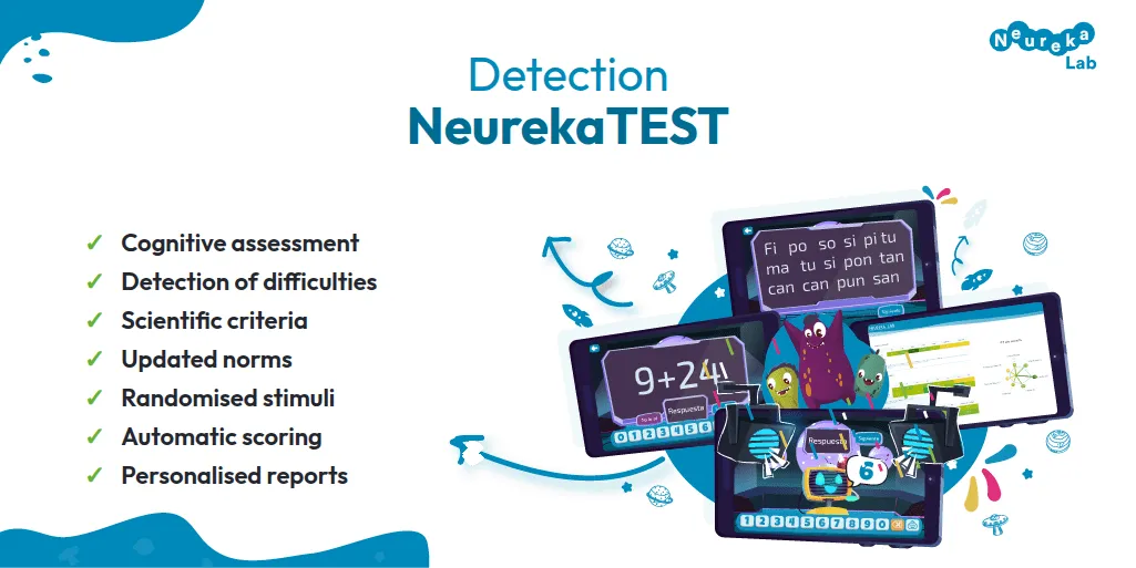 NeurekaTEST poster with game screens and features such as cognitive assessment, scientific criteria and personalised reports