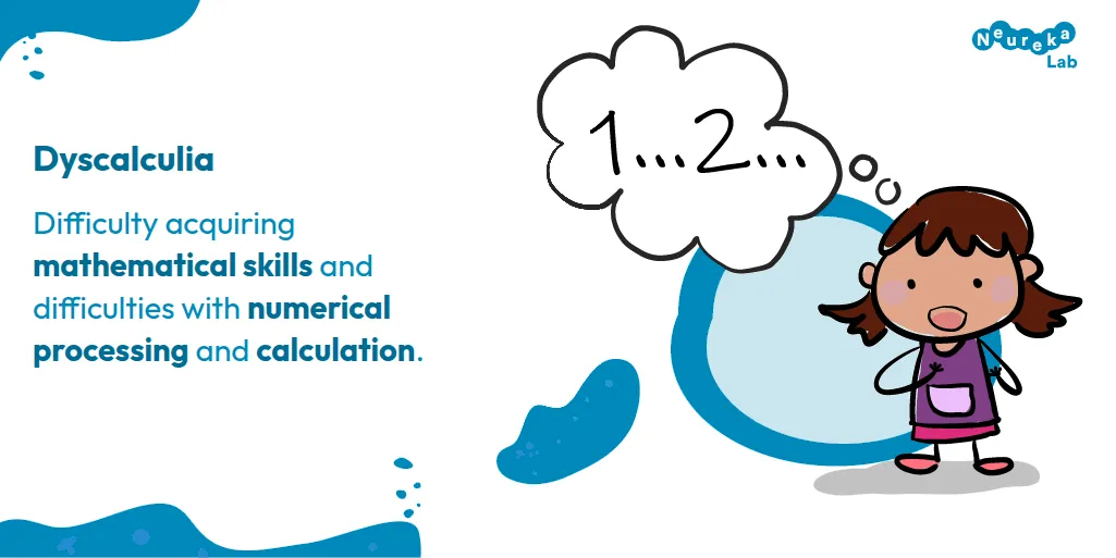 Drawing of a girl counting “1… 2…”; dyscalculia involves difficulty with mathematical skills and calculation.
