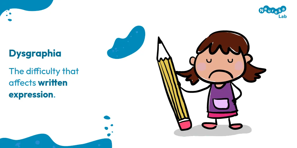 Drawing of an upset girl holding a giant pencil; dysgraphia is the difficulty that affects written expression.