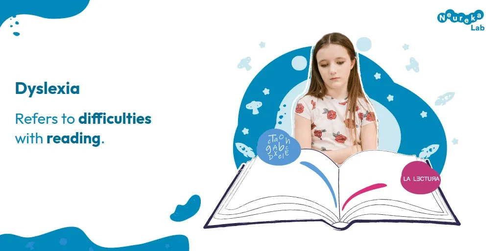 Pensive girl in front of an open book; dyslexia refers to difficulties with reading.