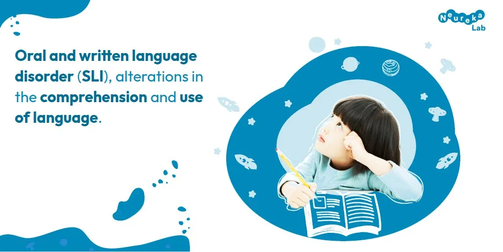 Thoughtful child with a pencil and an open workbook; SLI involves alterations in the comprehension and use of language.