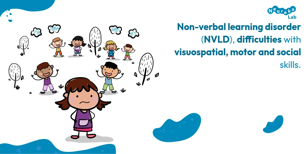 Drawing of a worried girl standing apart from other children; NVLD involves visuospatial, motor and social difficulties.