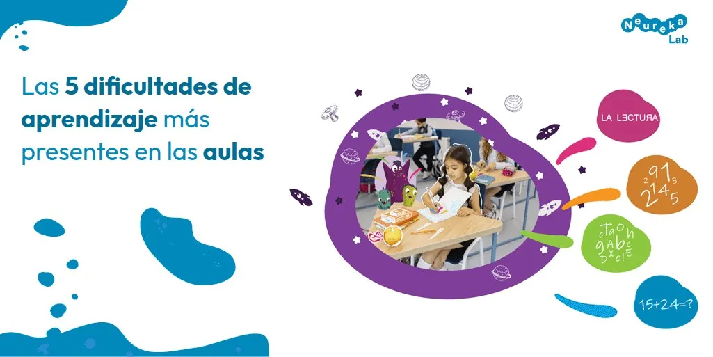 Niña escribiendo en su pupitre en un aula; título sobre las 5 dificultades de aprendizaje más presentes en las aulas.
