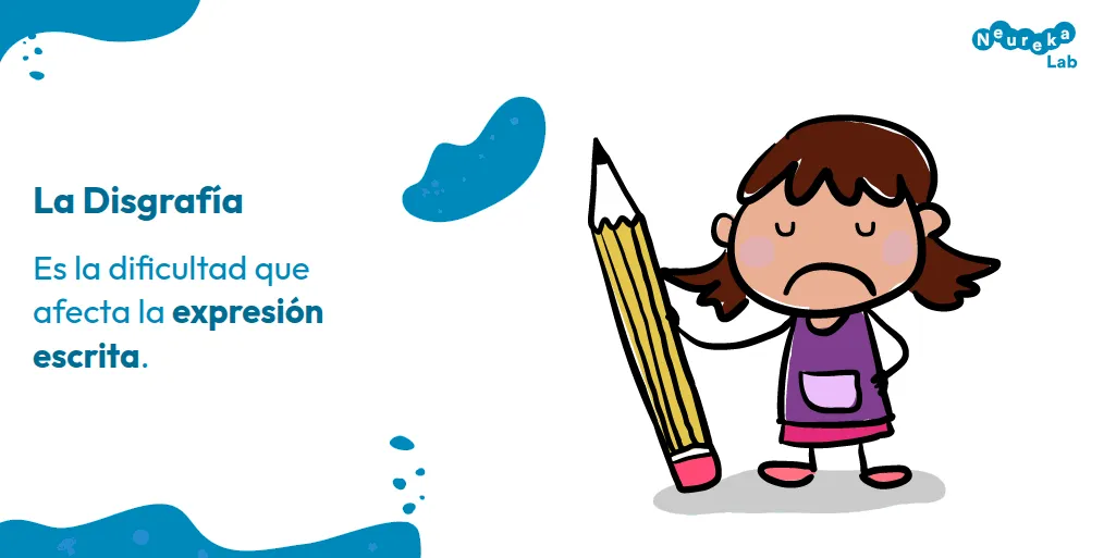 Dibujo de una niña disgustada con un lápiz gigante; la disgrafía es la dificultad que afecta la expresión escrita.