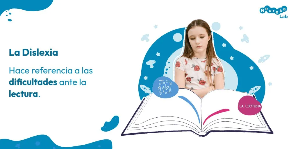 Niña pensativa ante un libro abierto; la dislexia hace referencia a las dificultades ante la lectura.