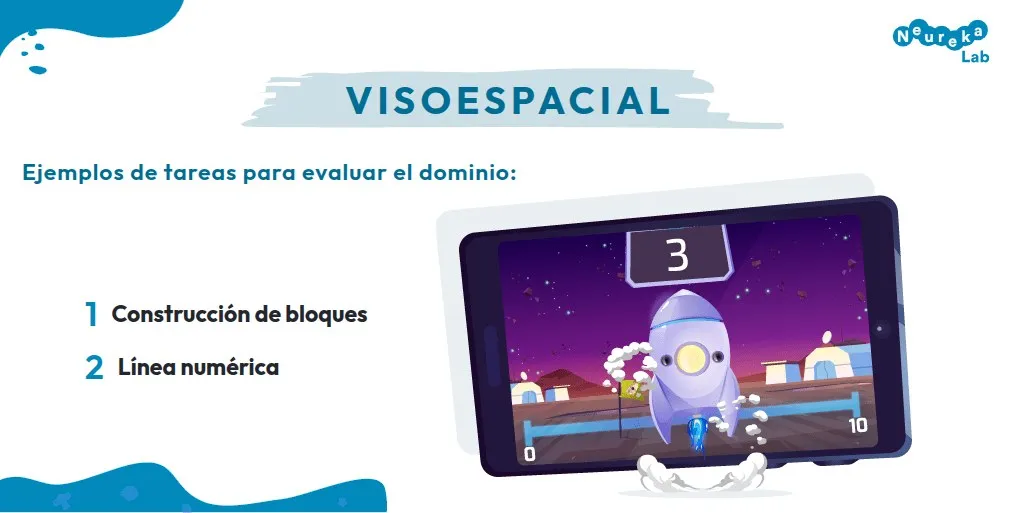 Tareas para evaluar el dominio visoespacial: construcción de bloques y línea numérica, con un juego de cohete en una tableta
