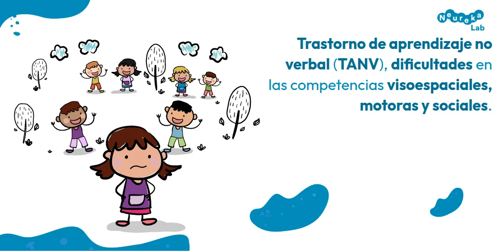 Dibujo de una niña preocupada apartada de otros niños; el TANV implica dificultades visoespaciales, motoras y sociales.