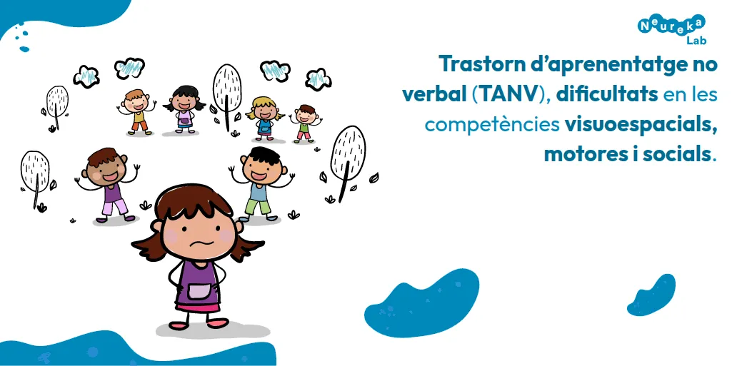 Dibuix d’una nena capficada apartada d’altres infants; el TANV implica dificultats visuoespacials, motores i socials.