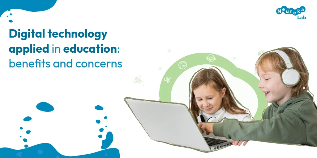Two children smiling at a laptop; title: digital technology applied in education, benefits and concerns