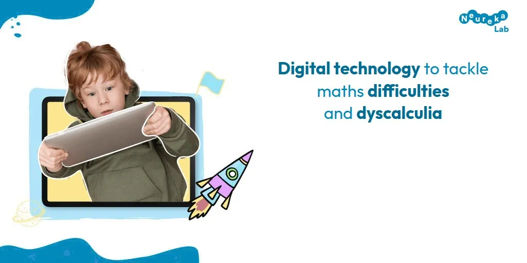 Surprised boy playing with a tablet; title: digital technology to tackle maths difficulties and dyscalculia