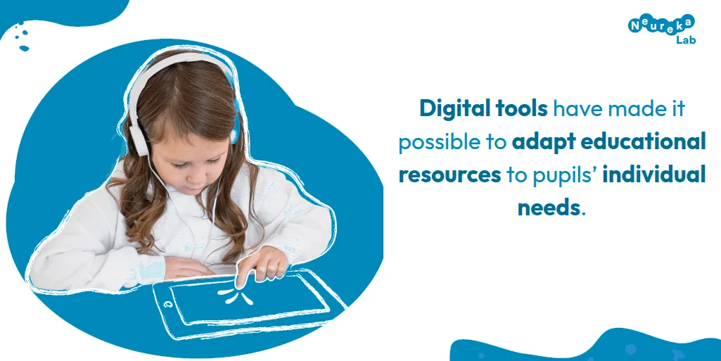 Girl with headphones using a tablet; quote on adapting educational resources to pupils’ individual needs