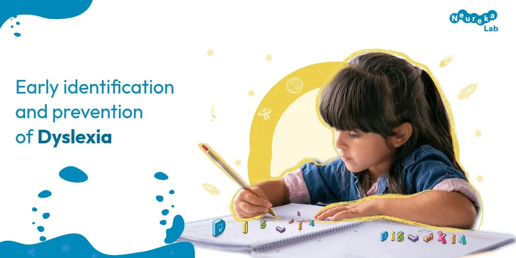 Girl writing in a notebook with jumbled letters; heading about early identification and prevention of dyslexia