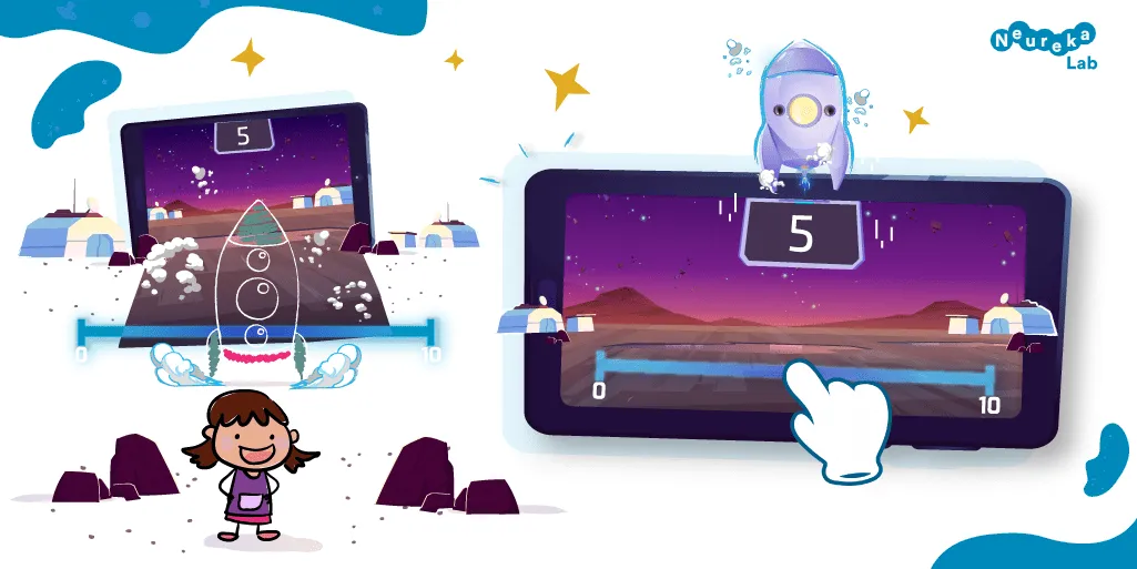 Juego en tableta donde hay que situar el número 5 en una línea del 0 al 10 guiando un cohete espacial