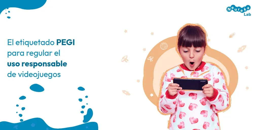 Niño sorprendido jugando con un móvil; título sobre el etiquetado PEGI para regular el uso responsable de videojuegos