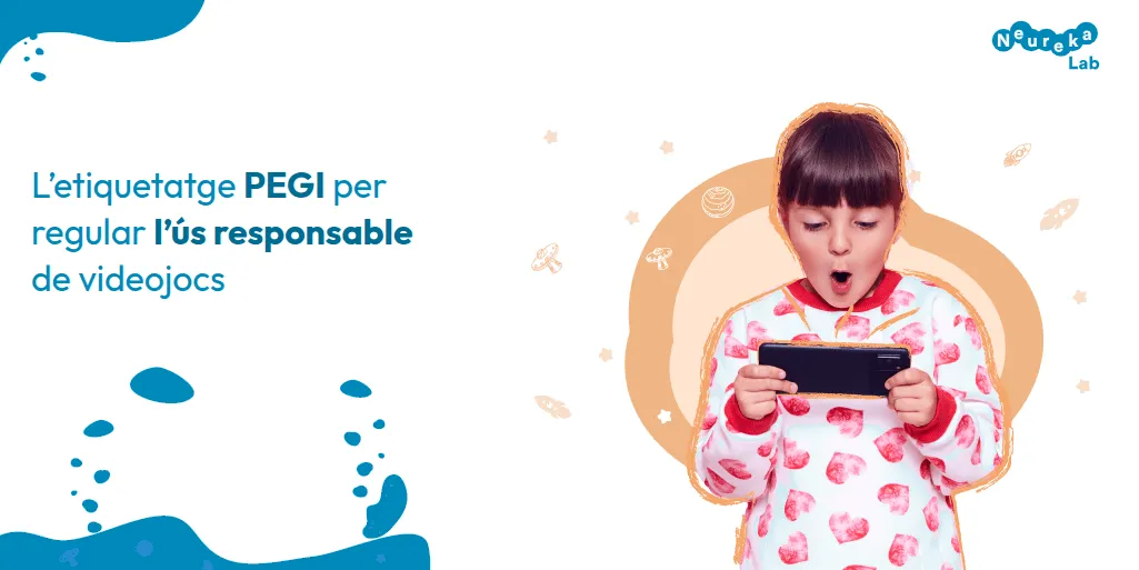 Infant sorprès jugant amb un mòbil; títol sobre l’etiquetatge PEGI per regular l’ús responsable de videojocs