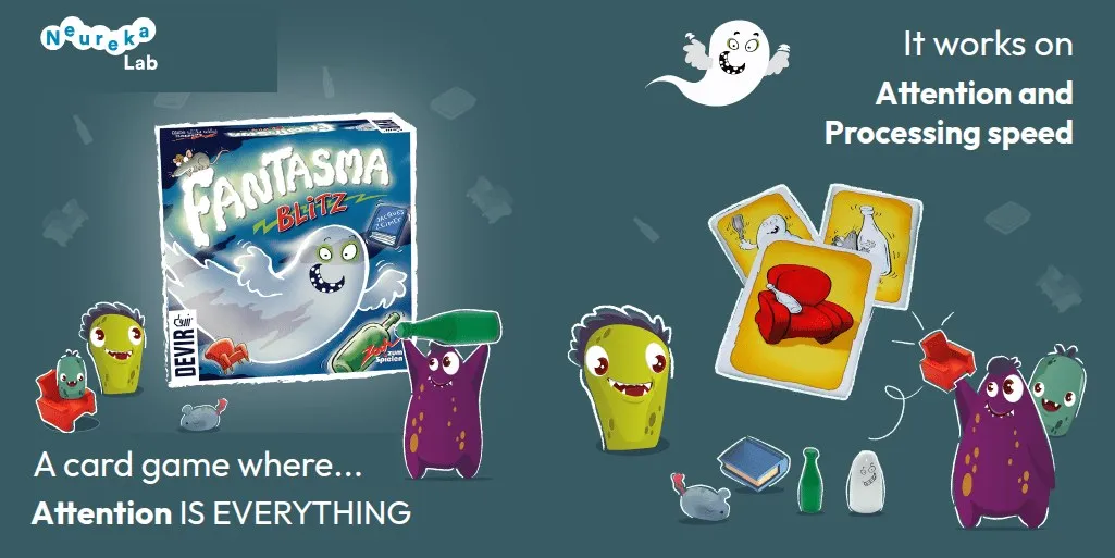 Box and cards of the game Fantasma Blitz; a card game that works on attention and processing speed