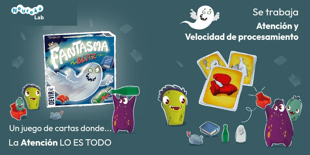 Caja y cartas del juego Fantasma Blitz; un juego de cartas que trabaja la atención y la velocidad de procesamiento