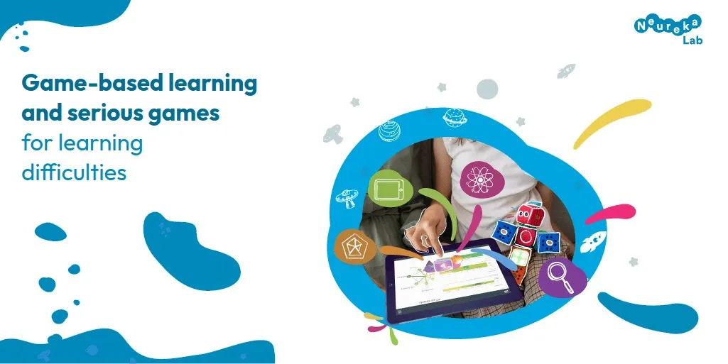 Child’s hand tapping an educational app on a tablet; title on game-based learning and serious games for learning difficulties