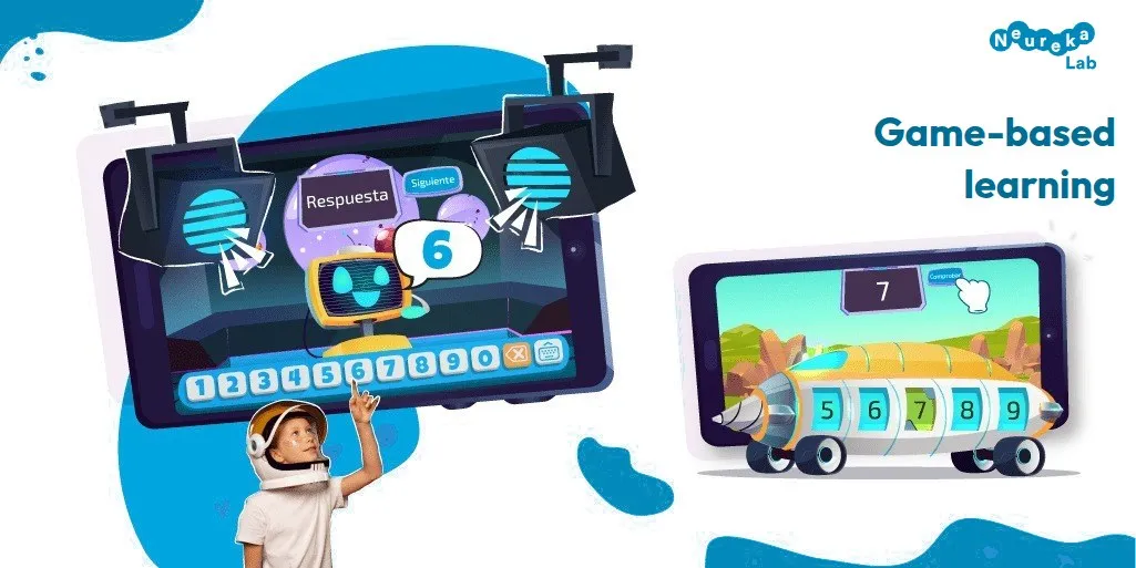 Boy in an astronaut helmet pointing at two screens of a number game; title: game-based learning