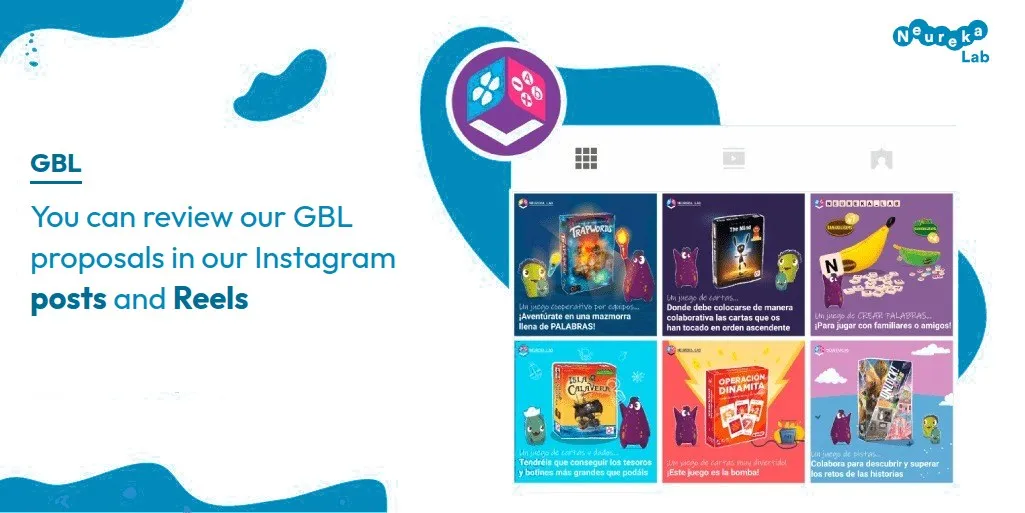 Grid of NeurekaLAB Instagram posts with game-based learning proposals in posts and Reels