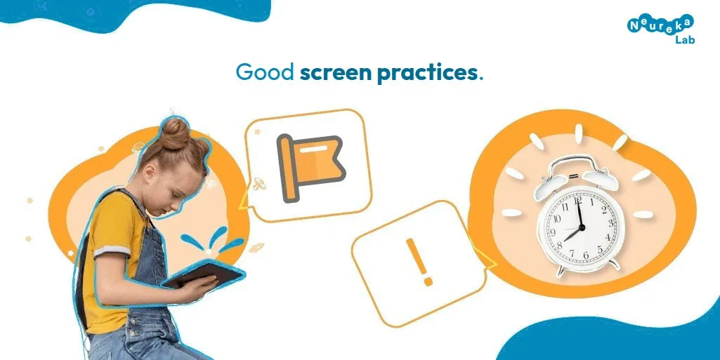 Girl looking at a tablet with an alarm clock and warning signs beside her; title about good screen practices