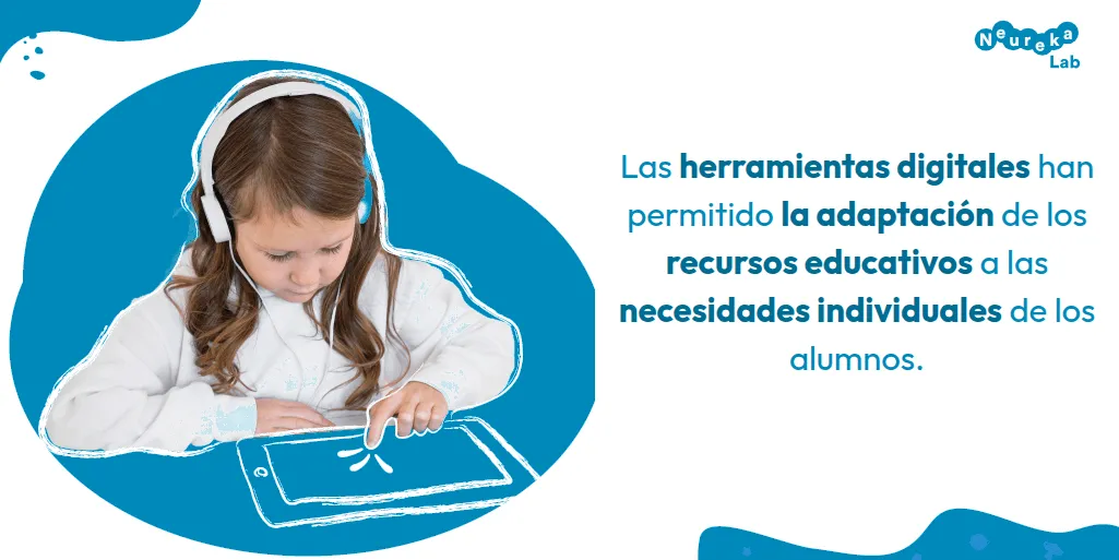 Niña con auriculares usando una tableta; cita sobre la adaptación de los recursos educativos a las necesidades individuales
