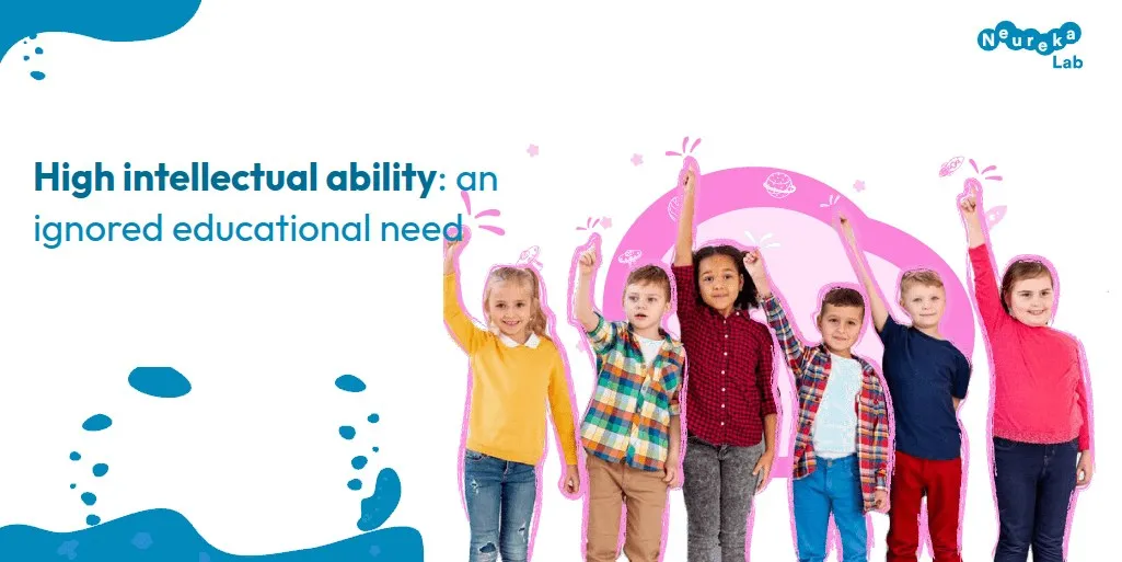 Six children raising their arms; heading about high intellectual ability as an ignored educational need.