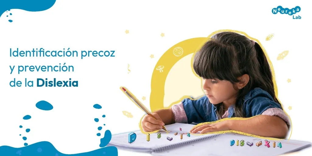 Niña escribiendo en una libreta con letras desordenadas; título sobre la identificación precoz y prevención de la dislexia