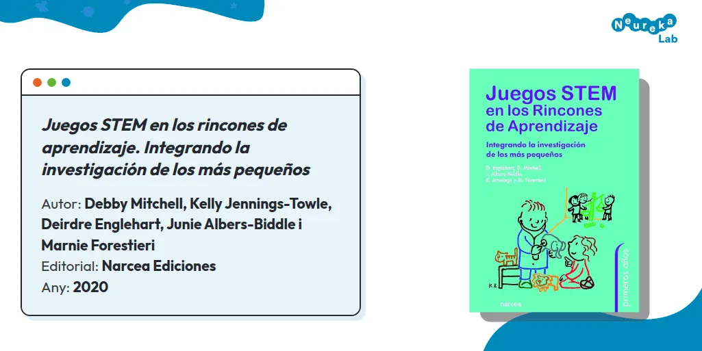 Fitxa i coberta de «Juegos STEM en los rincones de aprendizaje» (Narcea Ediciones, 2020).