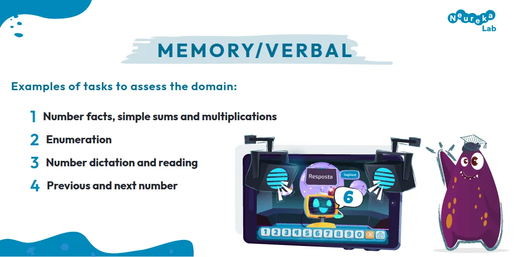 Tasks for the memory/verbal domain: number facts, enumeration, number dictation and reading, previous and next number