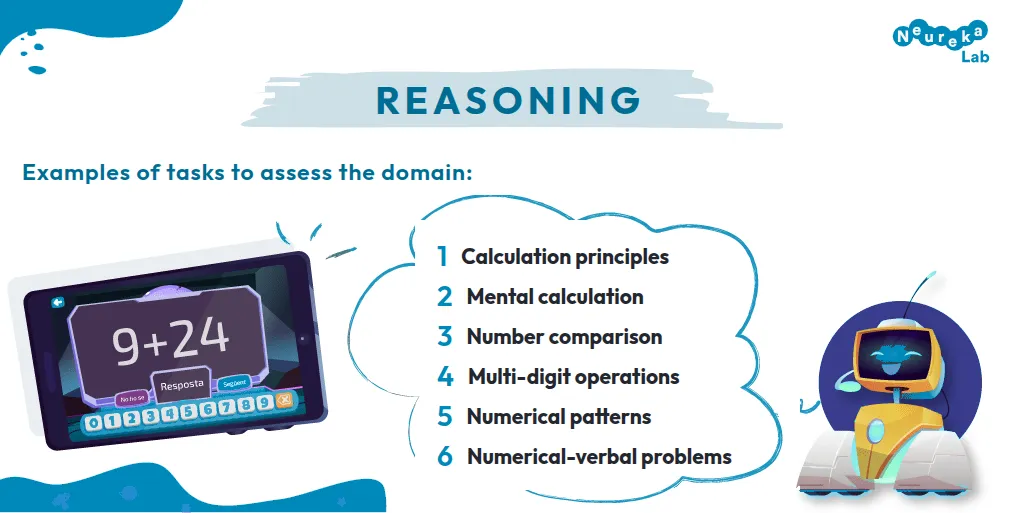 Tasks to assess the reasoning domain: calculation principles, mental calculation, comparison, multi-digit operations and problems