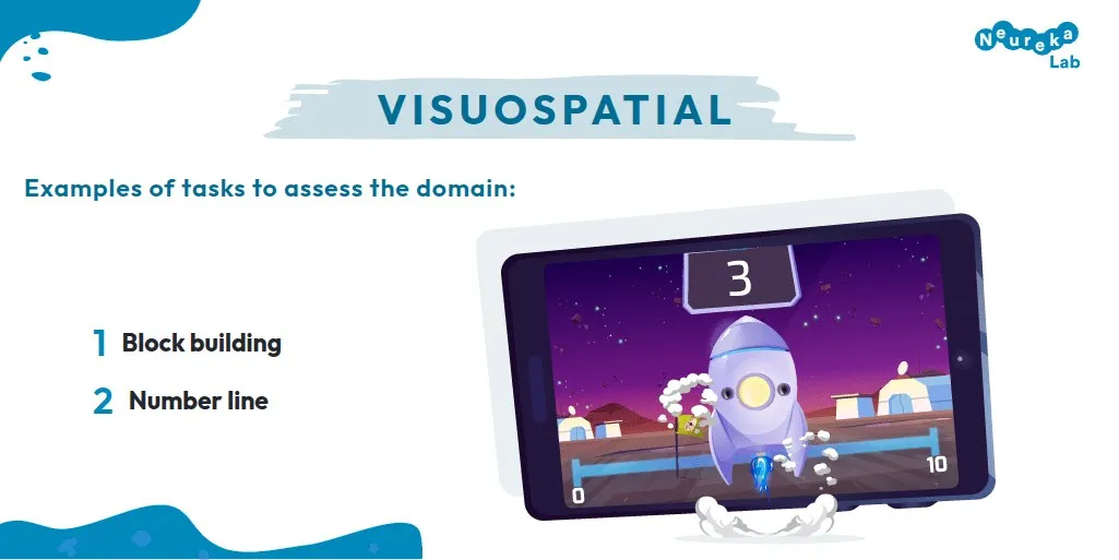 Tasks to assess the visuospatial domain: block building and number line, with a rocket game on a tablet