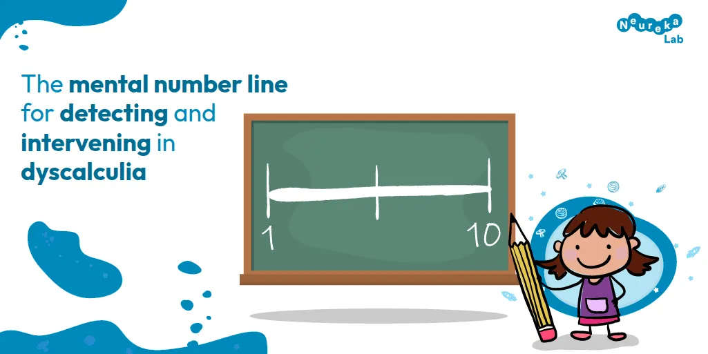 Girl with a pencil beside a blackboard showing a number line from 1 to 10; title on the mental number line and dyscalculia