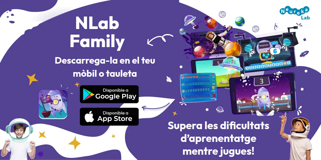 Cartell de l’app NLab Family per a mòbil i tauleta: supera les dificultats d’aprenentatge mentre jugues.