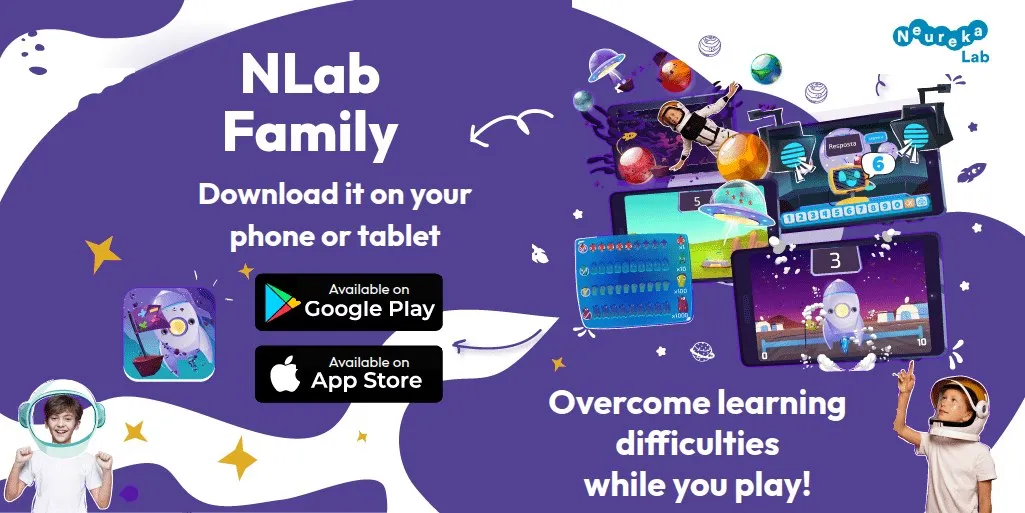NLab Family app poster with game screenshots; download it on your phone or tablet from Google Play and the App Store