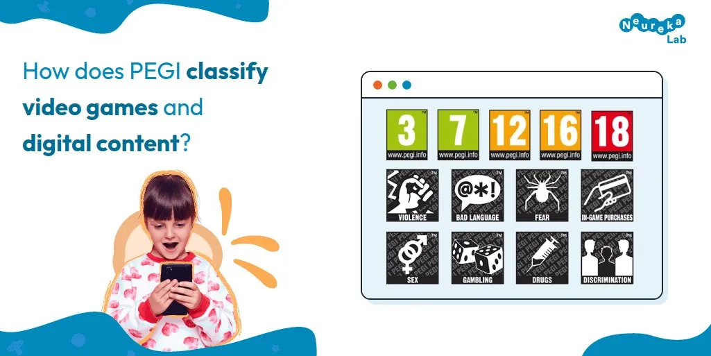 PEGI age labels (3, 7, 12, 16 and 18) and sensitive-content labels such as violence, bad language, fear or gambling