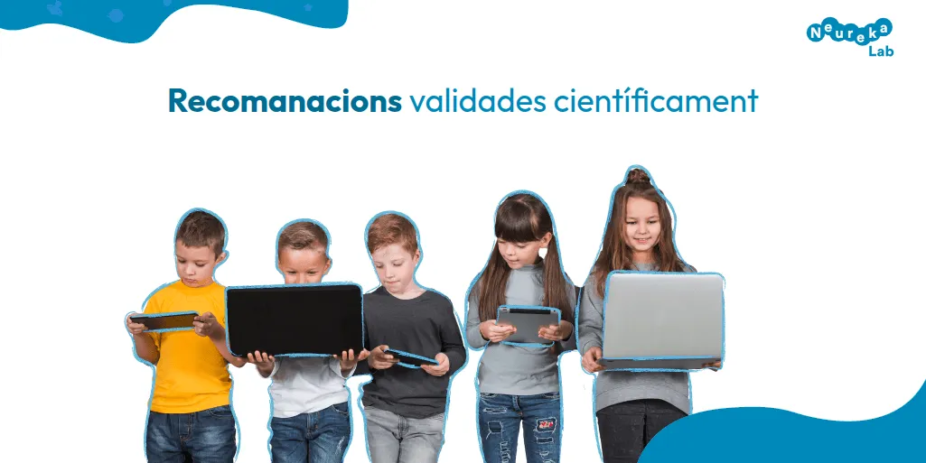 Cinc infants amb mòbil, portàtils i tauletes sota el títol «Recomanacions validades científicament»