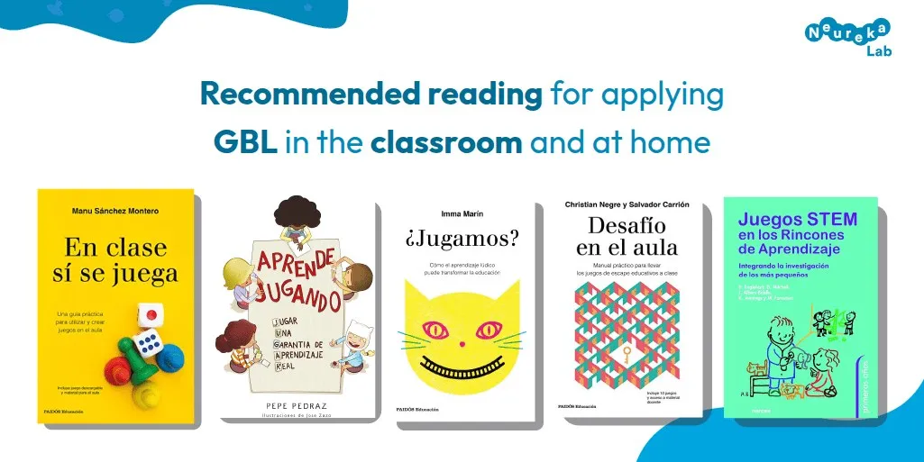 Covers of the five recommended books for applying game-based learning in the classroom and at home.