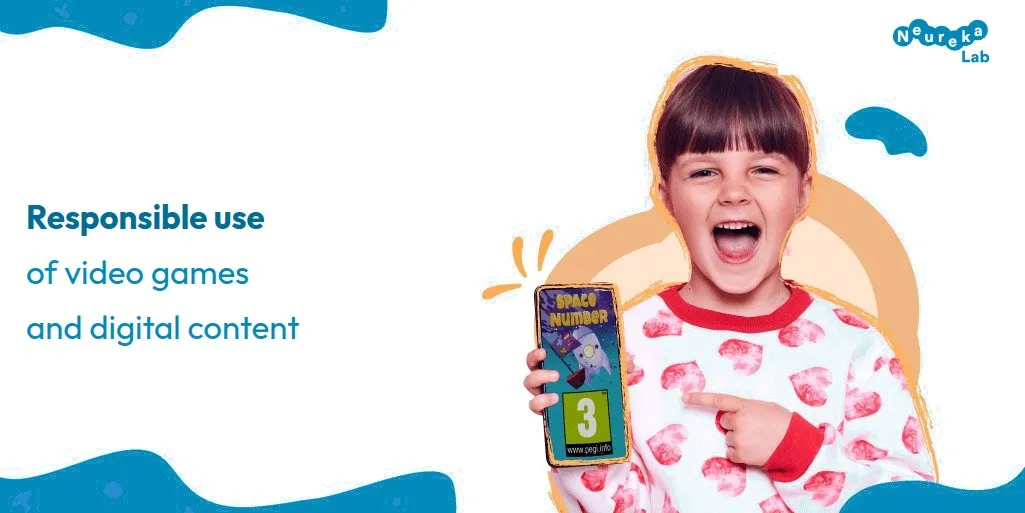 Smiling child pointing at a phone showing a PEGI 3 game; heading on responsible use of video games and digital content