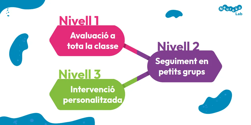 Esquema dels tres nivells de l’RTI: avaluació a tota la classe, seguiment en petits grups i intervenció personalitzada