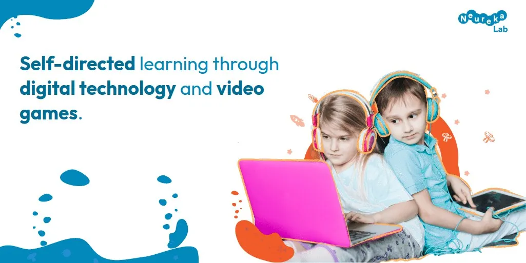 Two children with headphones using a laptop and a tablet; title about self-directed learning and video games